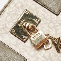 DKNY Grey/Beige Signature Coated Canvas and Leather Padlock Charm Tote