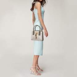 DKNY Grey/Beige Signature Coated Canvas and Leather Padlock Charm Tote