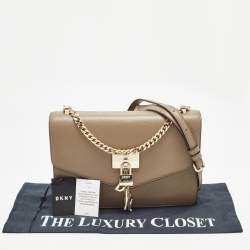 Pre Owned DKNY Dark Beige Leather Elissa Flap Shoulder Bag