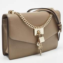 Pre Owned DKNY Dark Beige Leather Elissa Flap Shoulder Bag
