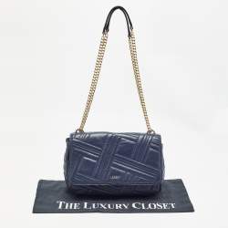 DKNY Navy Blue Quilted Leather Allen Flap Shoulder Bag