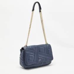 DKNY Navy Blue Quilted Leather Allen Flap Shoulder Bag