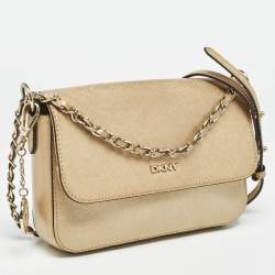 Pre Owned Dkny Gold Leather Logo Flap Crossbody Bag