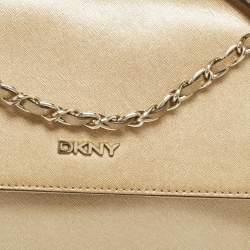 Pre Owned Dkny Gold Leather Logo Flap Crossbody Bag