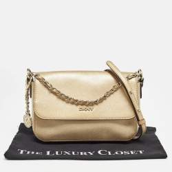 Pre Owned Dkny Gold Leather Logo Flap Crossbody Bag