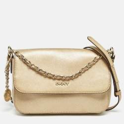 Pre Owned Dkny Gold Leather Logo Flap Crossbody Bag