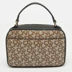 Dkny Black/Beige Monogram Coated Canvas and Leather Zip Top Handle Bag