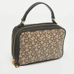 Dkny Black/Beige Monogram Coated Canvas and Leather Zip Top Handle Bag