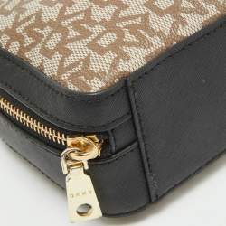 Dkny Black/Beige Monogram Coated Canvas and Leather Zip Top Handle Bag