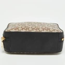 Dkny Black/Beige Monogram Coated Canvas and Leather Zip Top Handle Bag