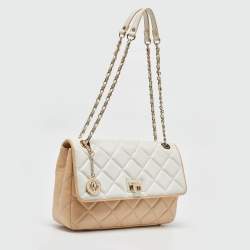 DKNY Beige/White Quilted Leather Flap Bag