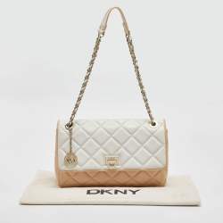 DKNY Beige/White Quilted Leather Flap Bag