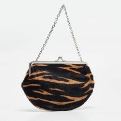 DKNY Black/Brown Zebra Print Calf Hair Chain Multi Pouch 