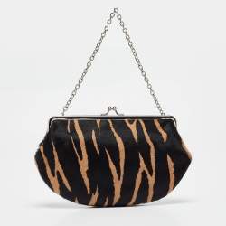 DKNY Black/Brown Zebra Print Calf Hair Chain Multi Pouch 