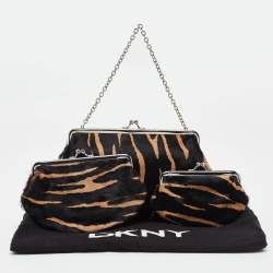 DKNY Black/Brown Zebra Print Calf Hair Chain Multi Pouch 