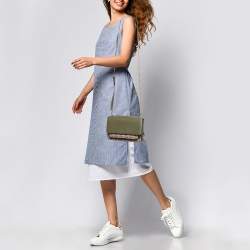 Pre Owned Dkny Green/Beige Monogram Coated Canvas and Leather Flap Chain Shoulder Bag