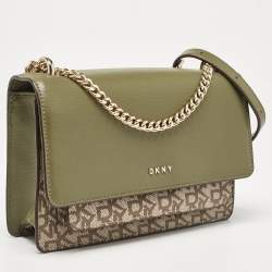 Pre Owned Dkny Green/Beige Monogram Coated Canvas and Leather Flap Chain Shoulder Bag