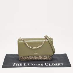 Pre Owned Dkny Green/Beige Monogram Coated Canvas and Leather Flap Chain Shoulder Bag