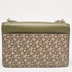 Pre Owned Dkny Green/Beige Monogram Coated Canvas and Leather Flap Chain Shoulder Bag