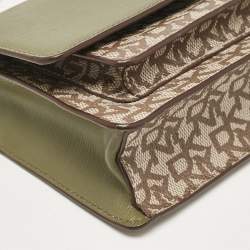 Pre Owned Dkny Green/Beige Monogram Coated Canvas and Leather Flap Chain Shoulder Bag