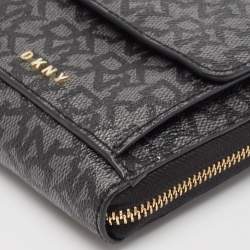 DKNY Black/Grey Signature Coated Canvas Mini Zip Around Olive Crossbody Bag