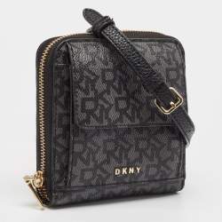 DKNY Black/Grey Signature Coated Canvas Mini Zip Around Olive Crossbody Bag