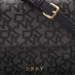 DKNY Black/Grey Signature Coated Canvas Mini Zip Around Olive Crossbody Bag
