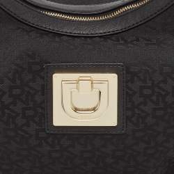 Pre Owned Dkny Black Monogram Canvas and Leather Zip Hobo