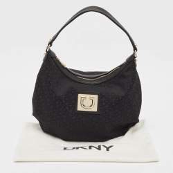 Pre Owned Dkny Black Monogram Canvas and Leather Zip Hobo