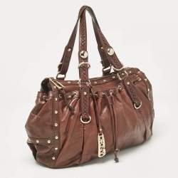 Pre Owned DKNY Dark Brown Leather Studded Drawstring Tote