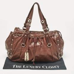 Pre Owned DKNY Dark Brown Leather Studded Drawstring Tote