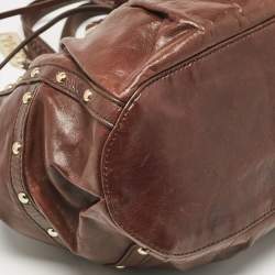 Pre Owned DKNY Dark Brown Leather Studded Drawstring Tote