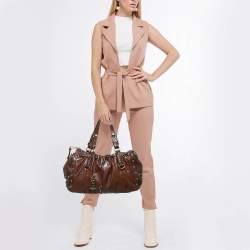 Pre Owned DKNY Dark Brown Leather Studded Drawstring Tote