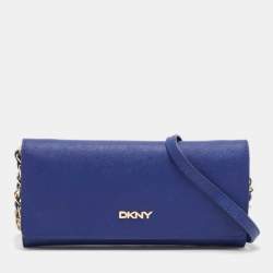 Pre Owned DKNY Blue Leather Logo Flap Wallet On Chain