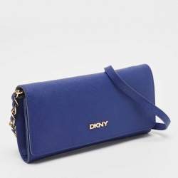 Pre Owned DKNY Blue Leather Logo Flap Wallet On Chain