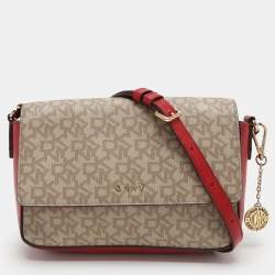 Dkny Beige/Red Signature Coated Canvas and Leather Crossbody Bag