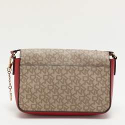 Dkny Beige/Red Signature Coated Canvas and Leather Crossbody Bag