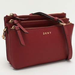 Pre Owned DKNY Burgundy Leather Triple Zip Crossbody Bag