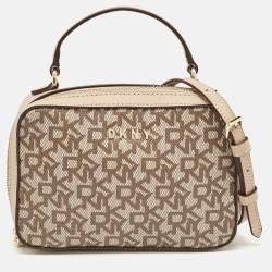 Dkny Beige Monogram Coated Canvas and Leather Top Handle Bag