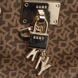 Dkny Khaki Brown/Green Monogram Coated Canvas and Leather Padlock Charm Satchel