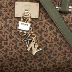 Dkny Khaki Brown/Green Monogram Coated Canvas and Leather Padlock Charm Satchel
