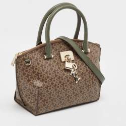 Dkny Khaki Brown/Green Monogram Coated Canvas and Leather Padlock Charm Satchel