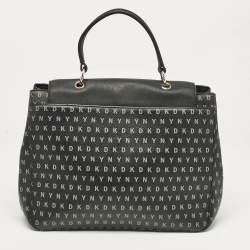 DKNY Black Signature Coated Canvas and Leather Flap Top Handle Bag