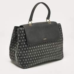 DKNY Black Signature Coated Canvas and Leather Flap Top Handle Bag