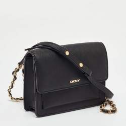 DKNY Black Saffiano Leather Flap Chain Shoulder Bag