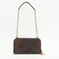 Dkny Brown Lizard Embossed Leather Chain Clutch