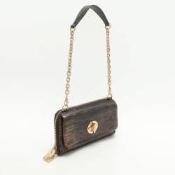 Dkny Brown Lizard Embossed Leather Chain Clutch
