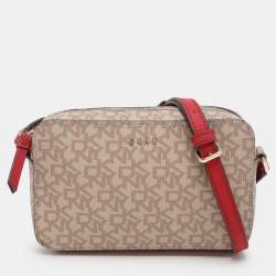 Dkny Beige/Red Signature Coated Canvas and Leather Crossbody Bag