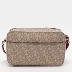 Dkny Beige/Red Signature Coated Canvas and Leather Crossbody Bag
