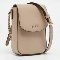 DKNY Beige Saffiano Leather Flap Phone Crossbody Bag